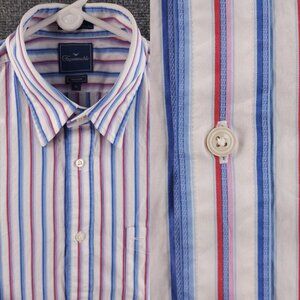 Faconnable Blue Red Pink XL Cotton Club Striped Point French Button Up Pocket